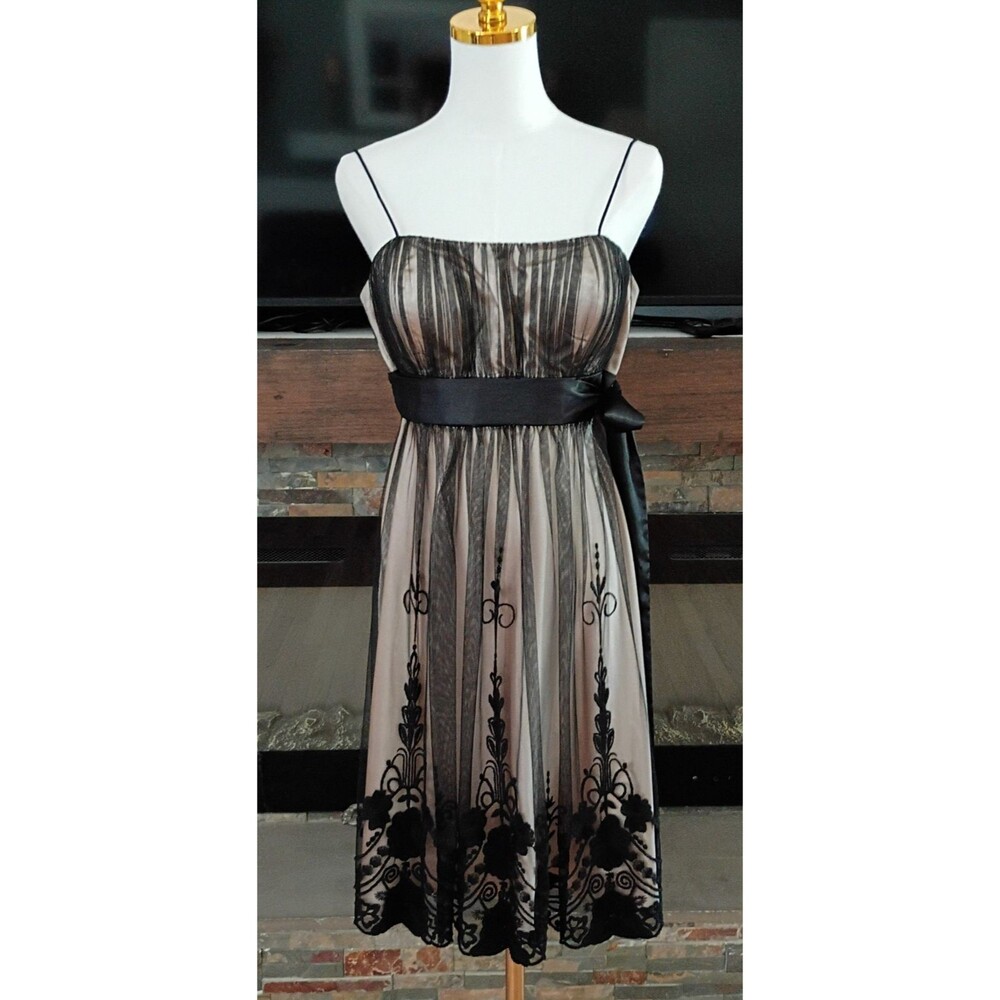 Dressbarn Size 8 Black Mesh Tool Lined Dress Embroidered Elegant Party Wedding
